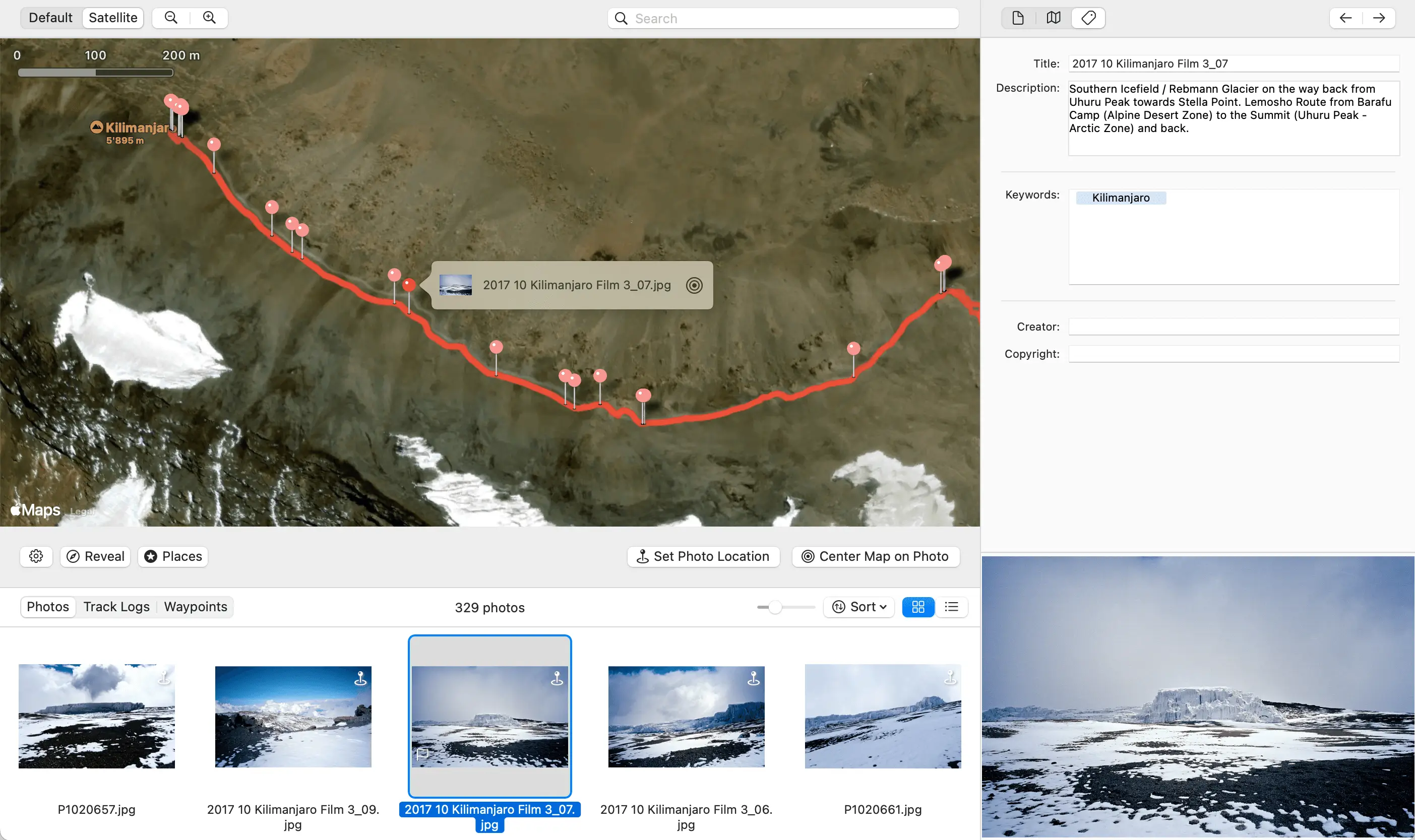 Capture d'écran : Interface HoudahGeo 7 montrant le géotaggage automatique de photos avec trace GPS sur Mac