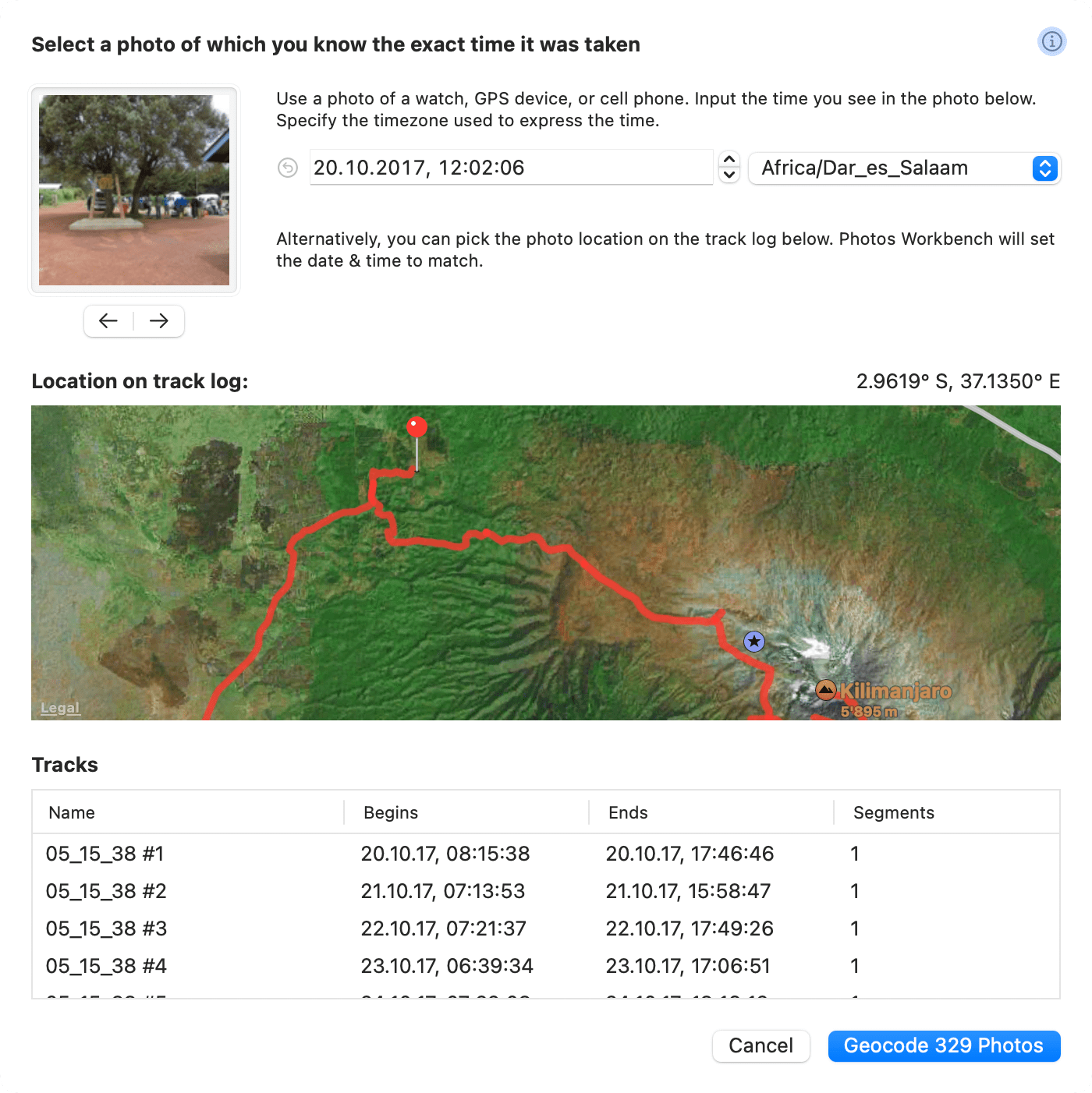 Screenshot: GPX track log geocoding